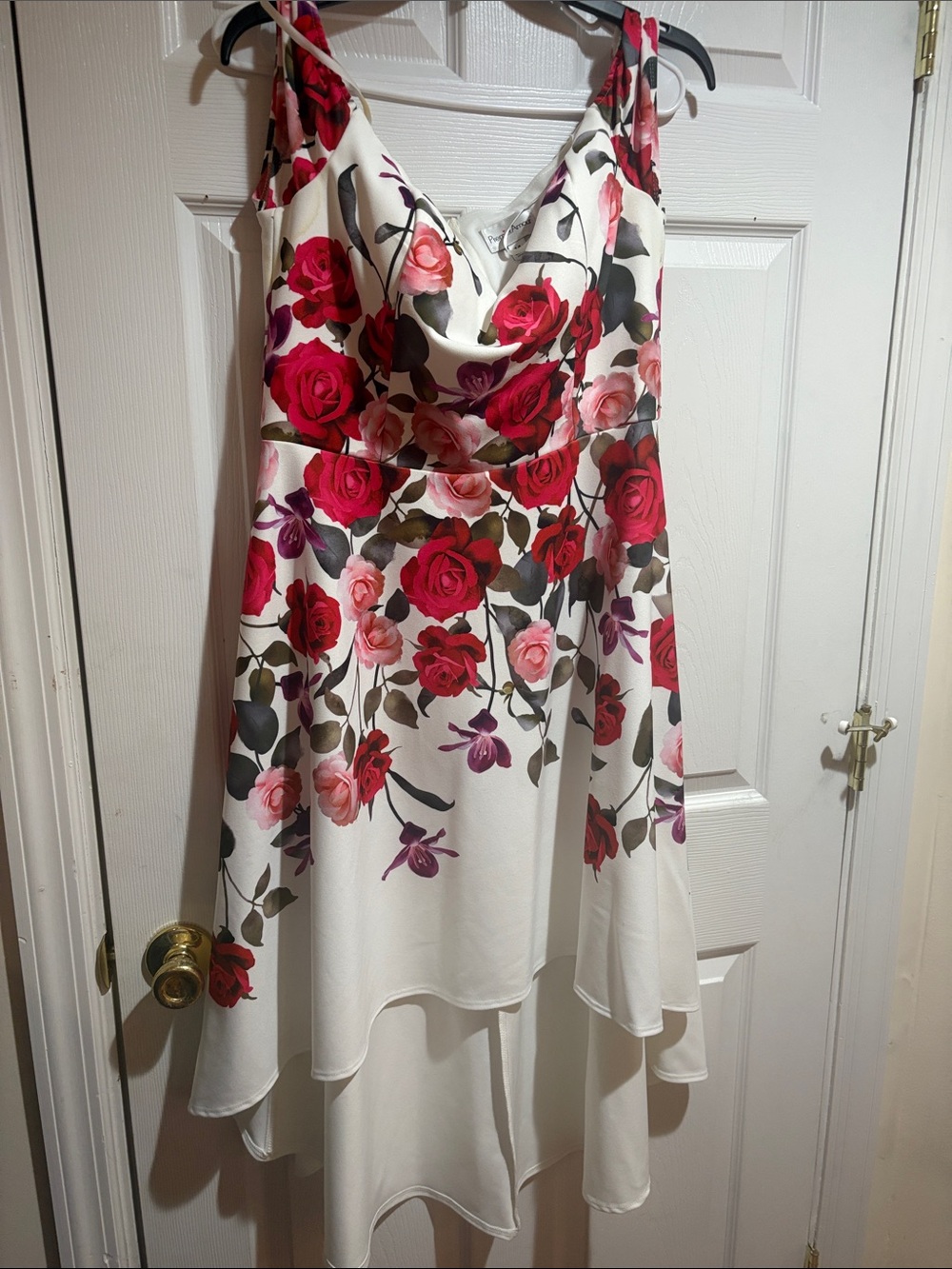 Floral White & Red Rose Print Cowl Neck Dress